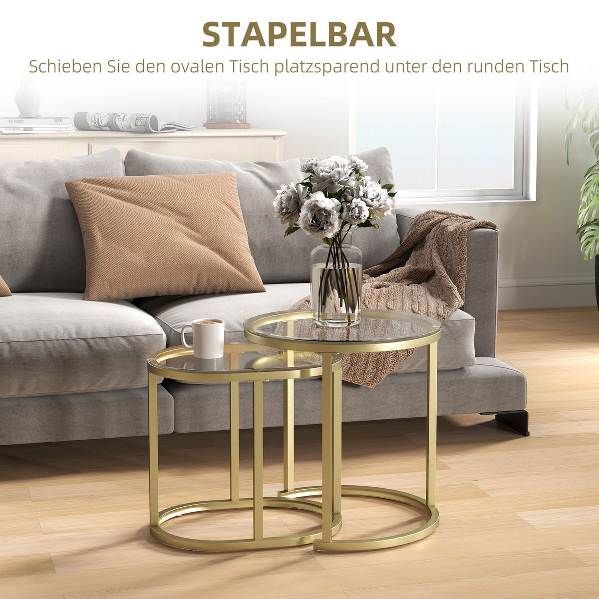 Round Coffee Table Set of 2 Stackable Side Tables with Steel Frame, Living Room Table Coffee Table for Living Room Bedroom Gold