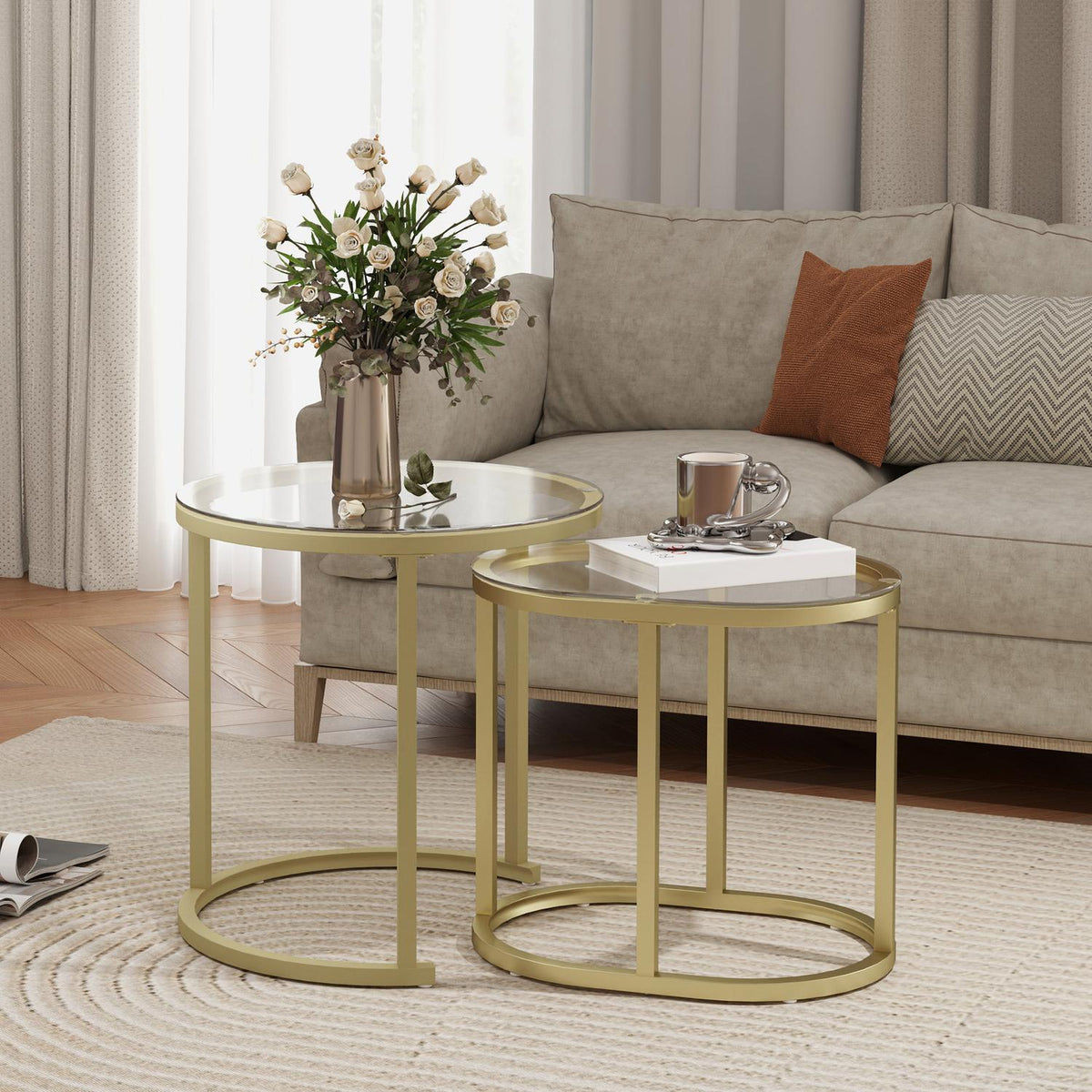 Round Coffee Table Set of 2 Stackable Side Tables with Steel Frame, Living Room Table Coffee Table for Living Room Bedroom Gold