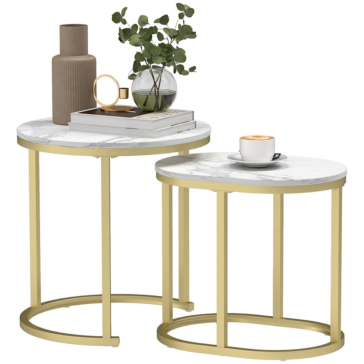 Round Coffee Table Set of 2 Stackable Side Tables with Steel Frame, Living Room Table Coffee Table for Living Room Bedroom White