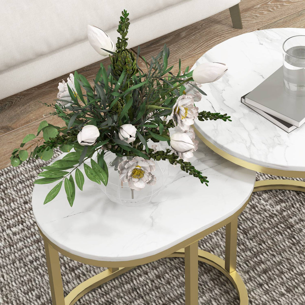 Round Coffee Table Set of 2 Stackable Side Tables with Steel Frame, Living Room Table Coffee Table for Living Room Bedroom White