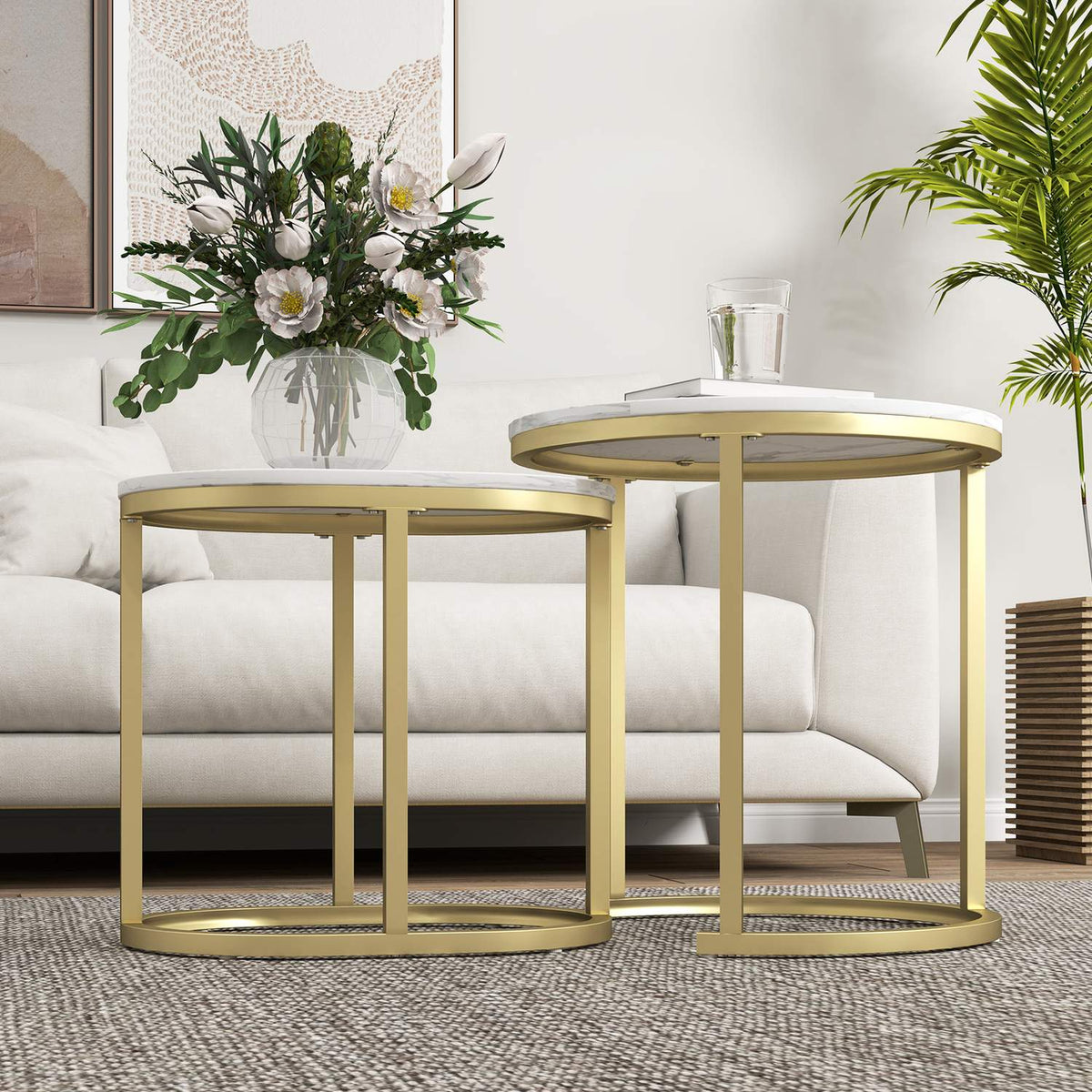 Round Coffee Table Set of 2 Stackable Side Tables with Steel Frame, Living Room Table Coffee Table for Living Room Bedroom White