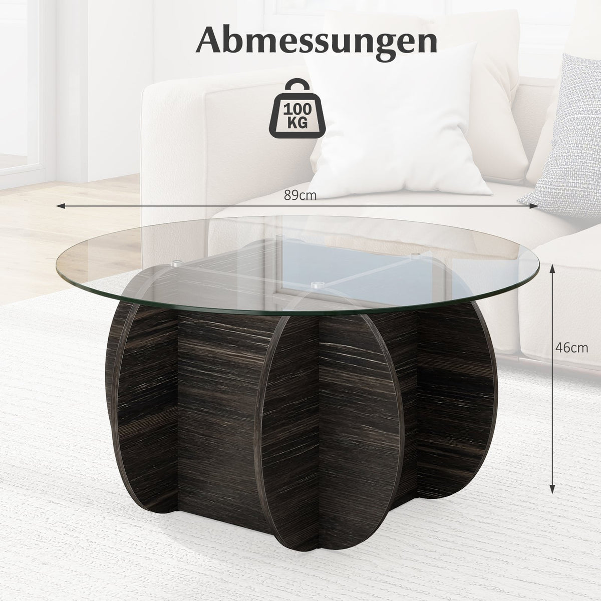 Round Coffee Table, Tempered Glass Top, Hidden Storage