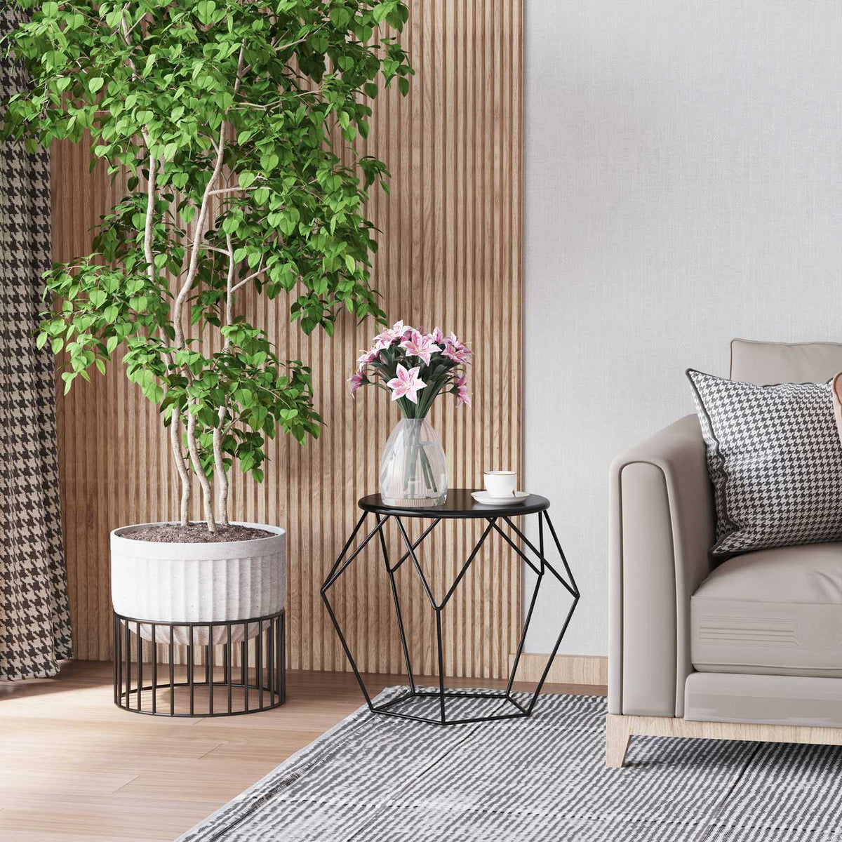 Round Coffee Table With Storage Side Table & Nesting Table, Metal Basket Design, For Living Room & Bedroom, 51X51X44 Cm