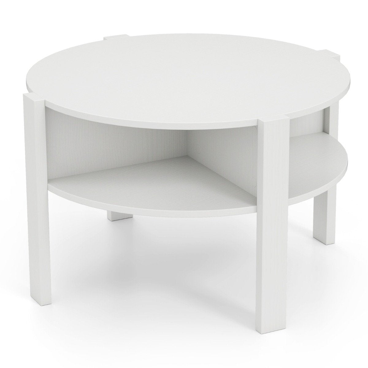 Round Coffee Table with Storage – Wood, 4 Shelves, White