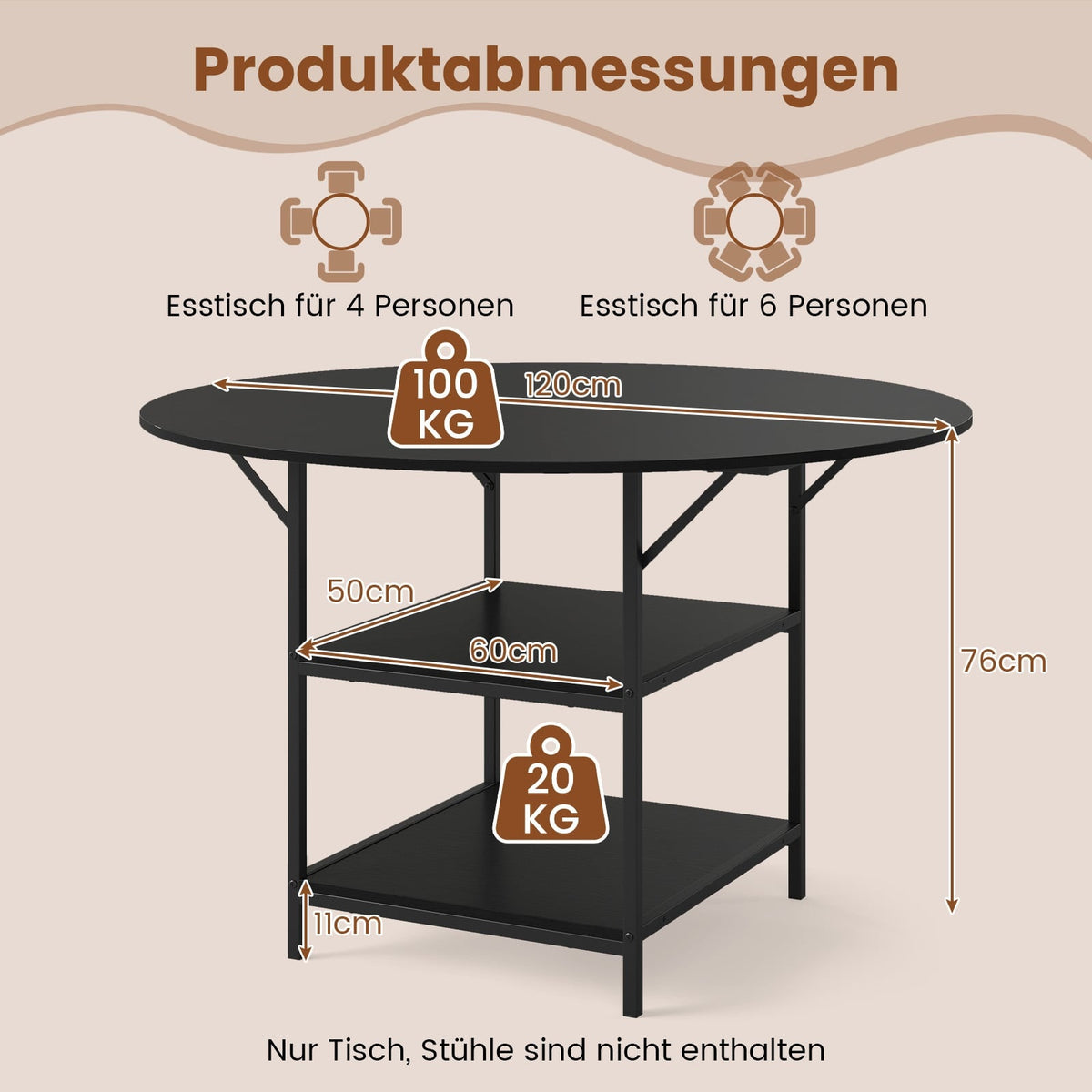 Round Dining Table, 120 cm, 2-Tier Shelf, Metal Frame