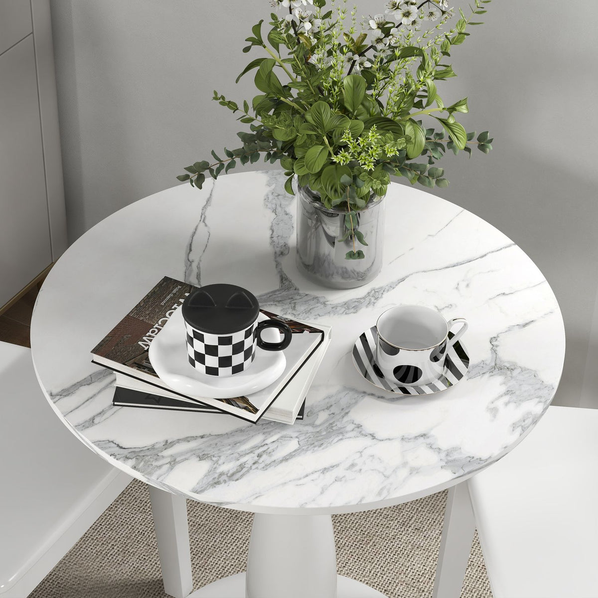 Round Dining Table, White MDF Top, Steel Base, Ø70 cm