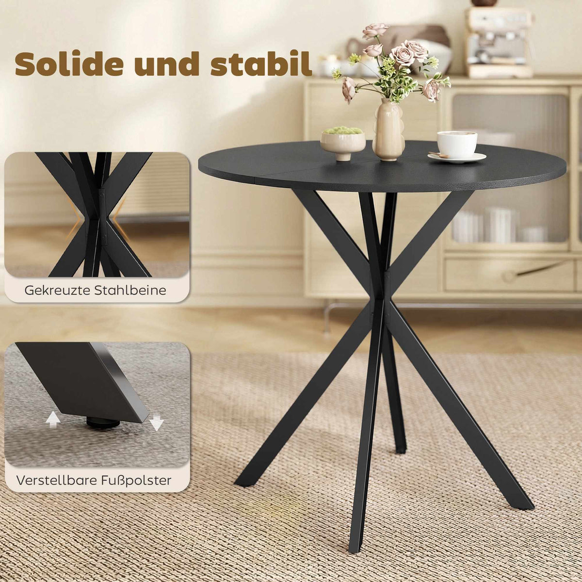 Round Dining Table, Wood Look, 80 cm, Adjustable Feet