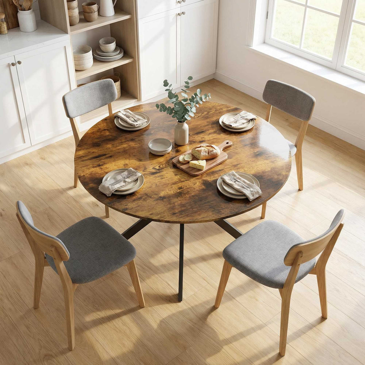 Round Dining Table, Wood Look, Seats 4, Adjustable Feet