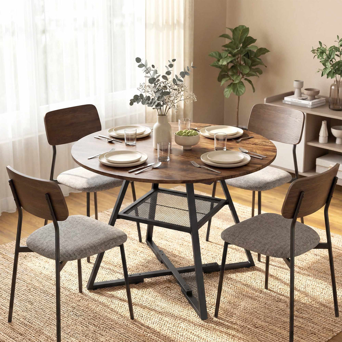Round Dining Table for 4, 100 cm, Rustic Brown Wood Look