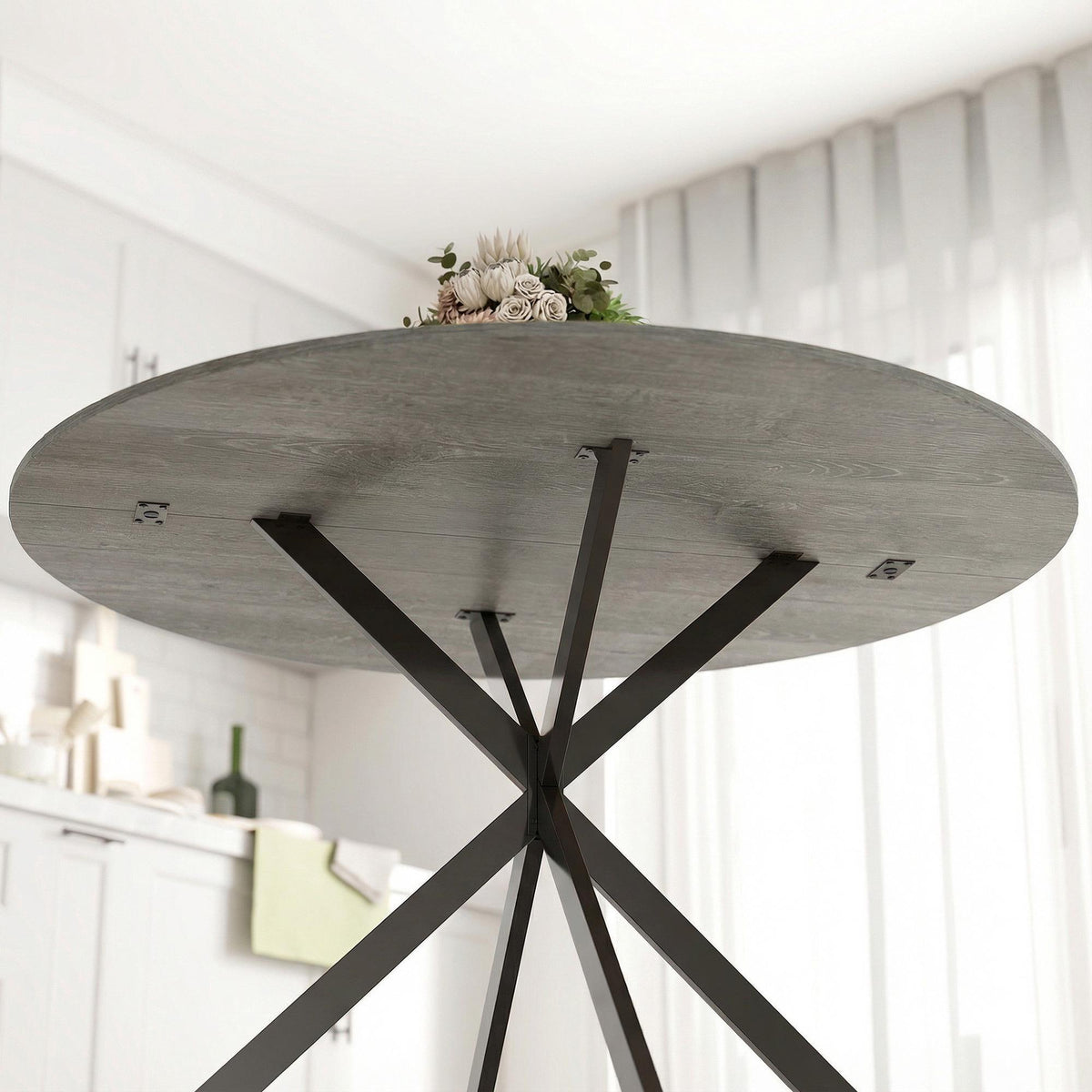 Round Dining Table for 4, Industrial Style, Grey