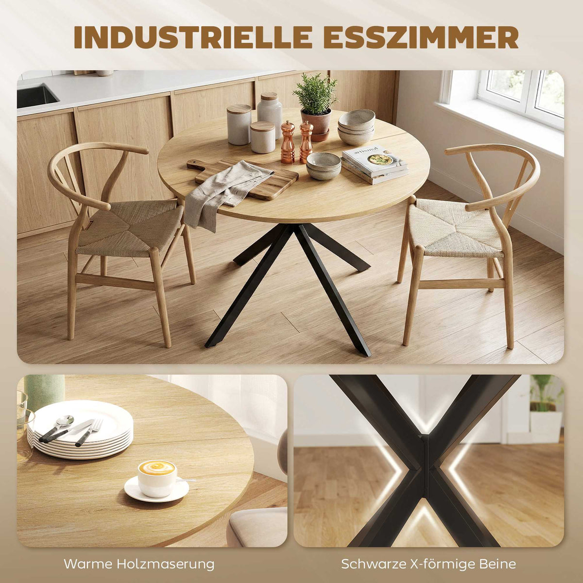 Round Dining Table for 4, Industrial Style, Oak Finish