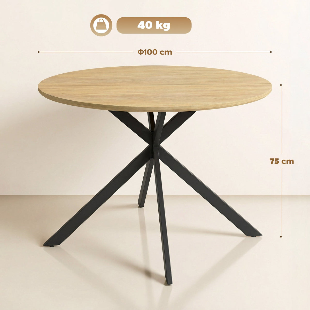 Round Dining Table for 4, Industrial Style, Oak Finish