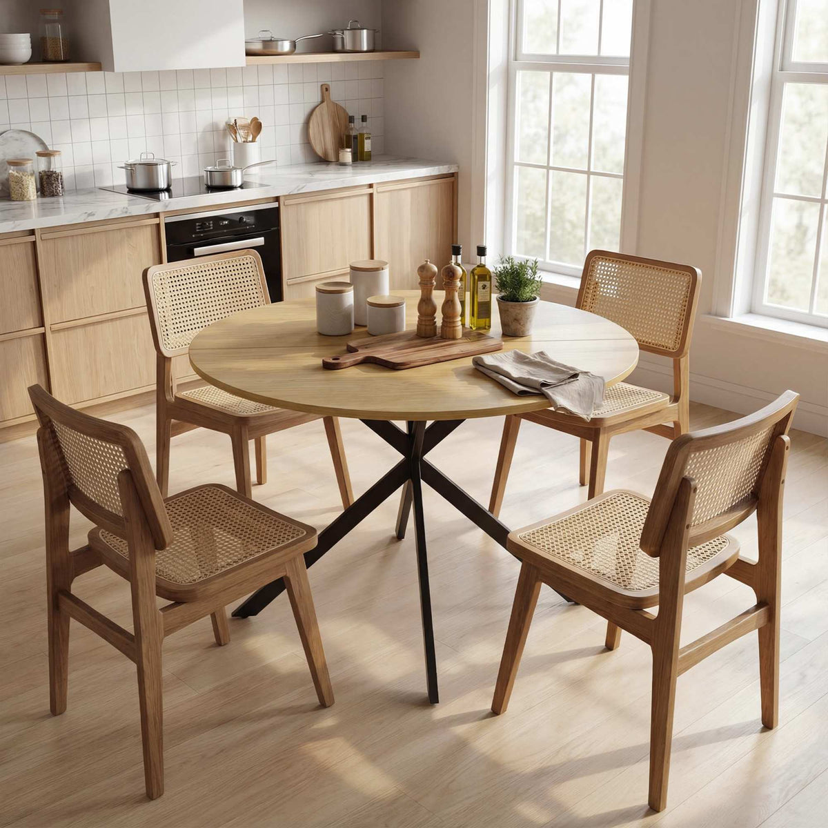 Round Dining Table for 4, Industrial Style, Oak Finish