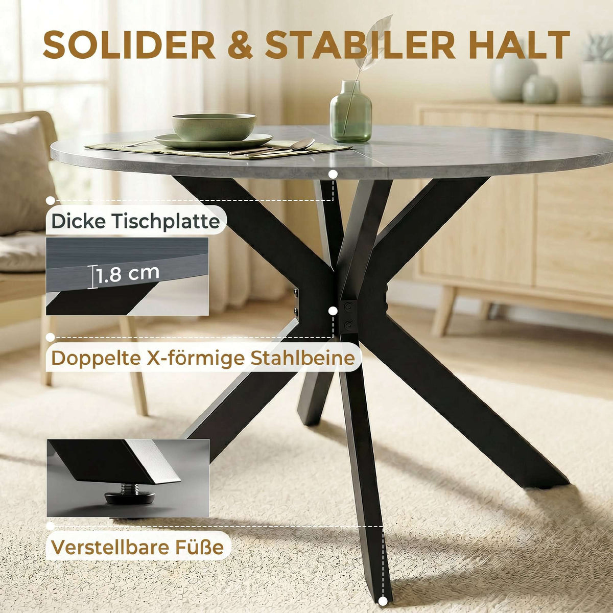 Round Folding Dining Table for 2-6, Cement Grey MDF