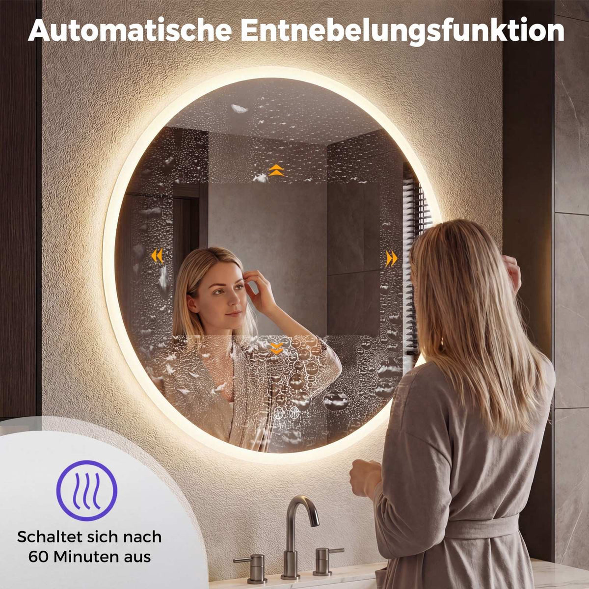 Round LED Bathroom Mirror, 70 cm, Anti-Fog, 3 Light Colors