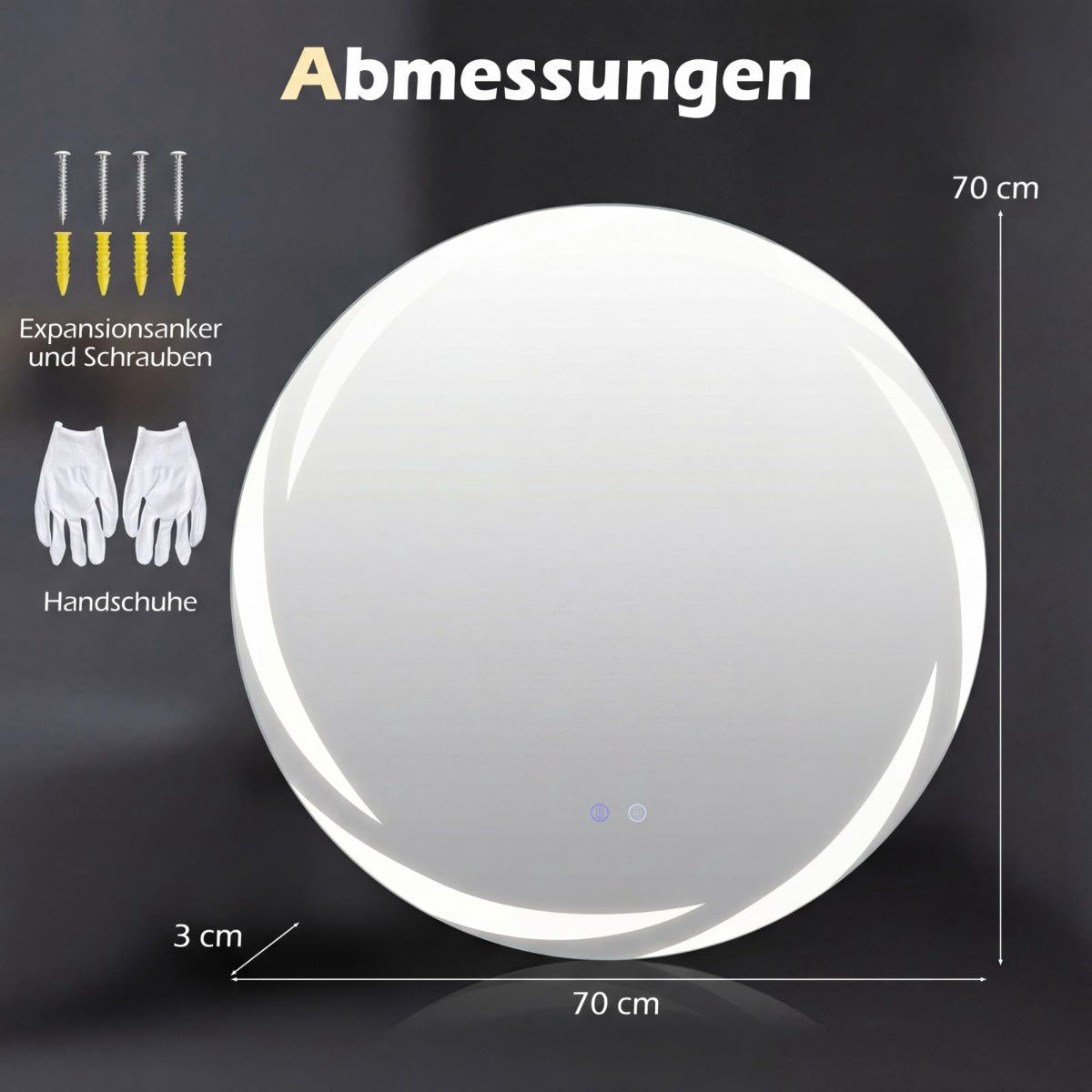 Round LED Bathroom Mirror with Dimmable Light & Defogger
