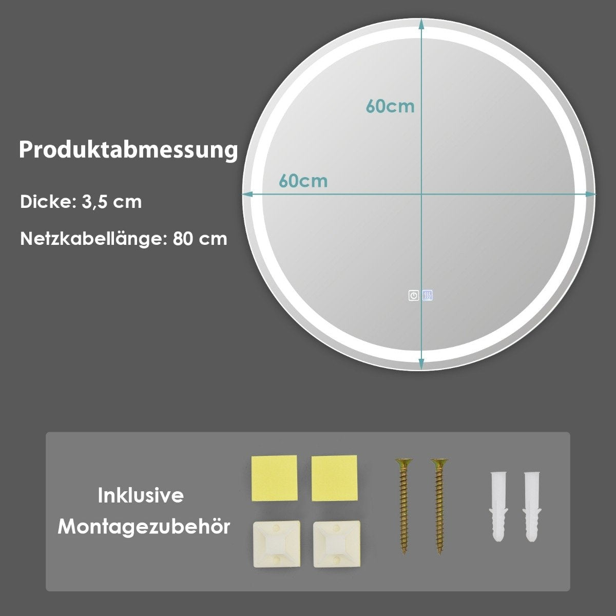 Round LED mirror bathroom mirror for wall mounting 3000 K-6000 K Ø 60 cm