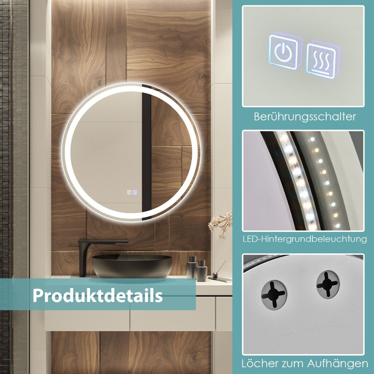 Round LED mirror bathroom mirror for wall mounting 3000 K-6000 K Ø 60 cm