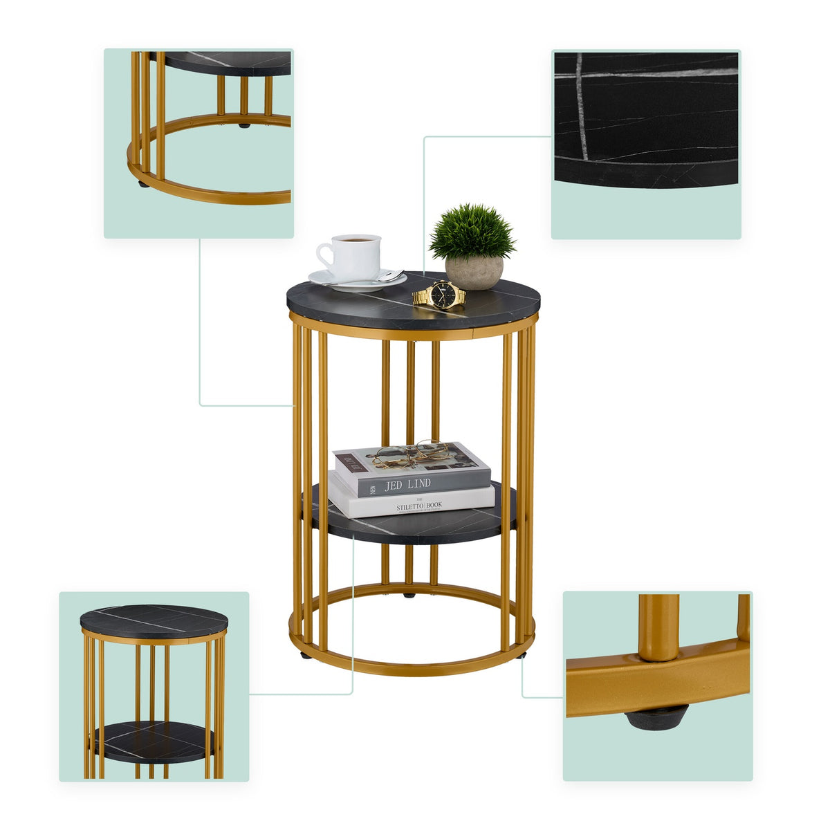 Round Marble Look Side Table with 2 Levels