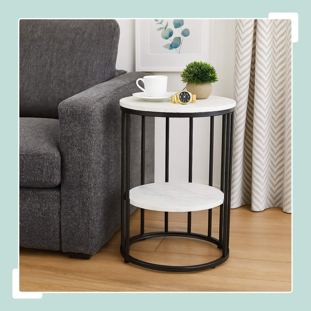 Round Marble Look Side Table with 2 Levels