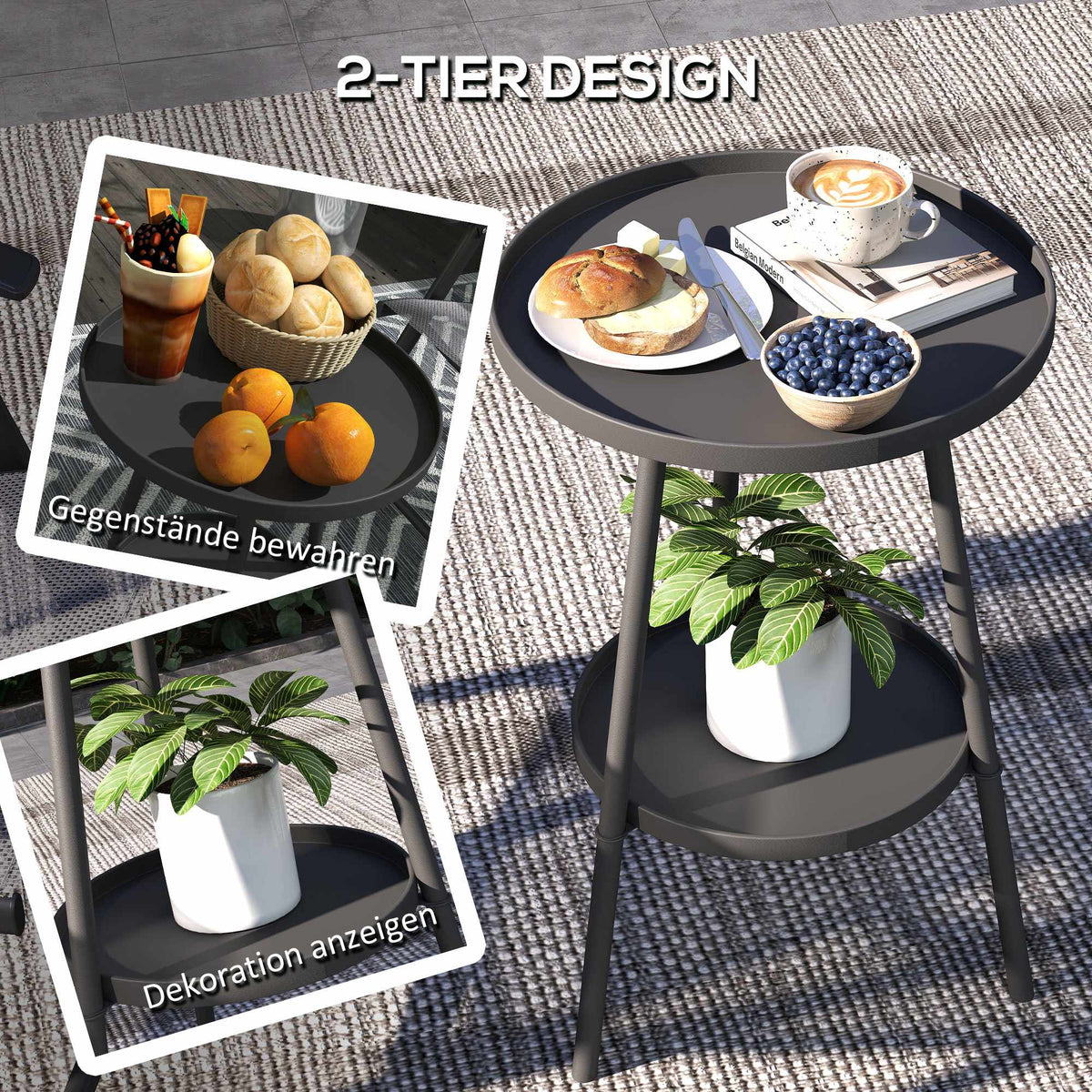 Round Metal Balcony Table, Two-Tier Design, Black