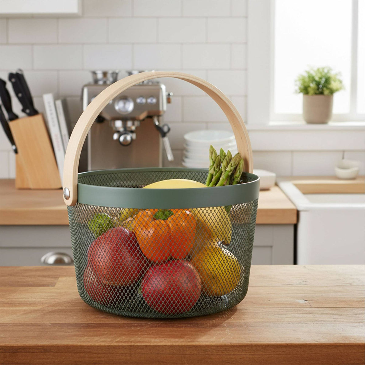 Round Metal Wire Storage Basket with Handle