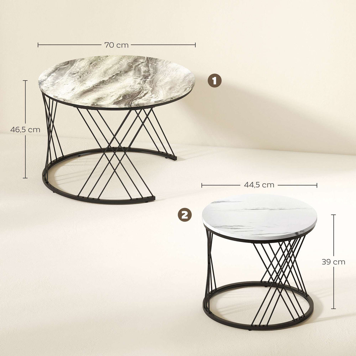 Round Nesting Coffee Tables Set – Marble Look, Grey & White