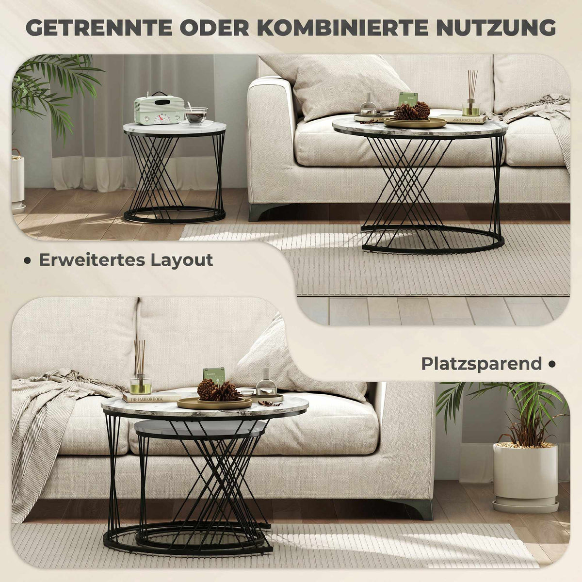 Round Nesting Coffee Tables Set – Marble Look, Grey & White