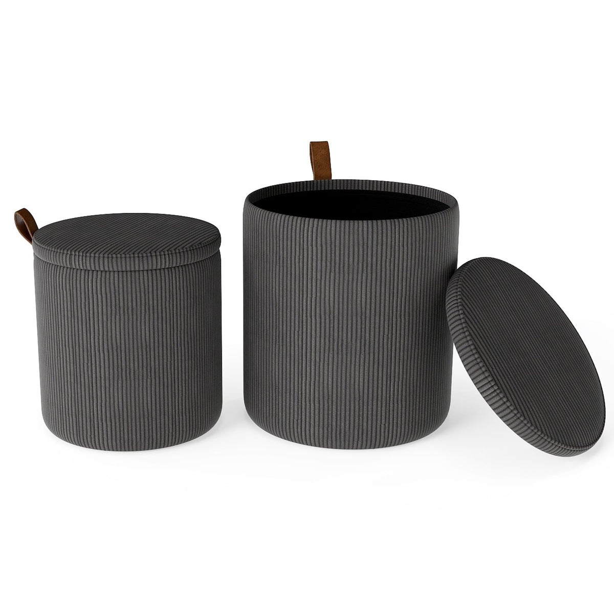 Round Ottoman Set with Storage, Nesting, Corduroy, Gray