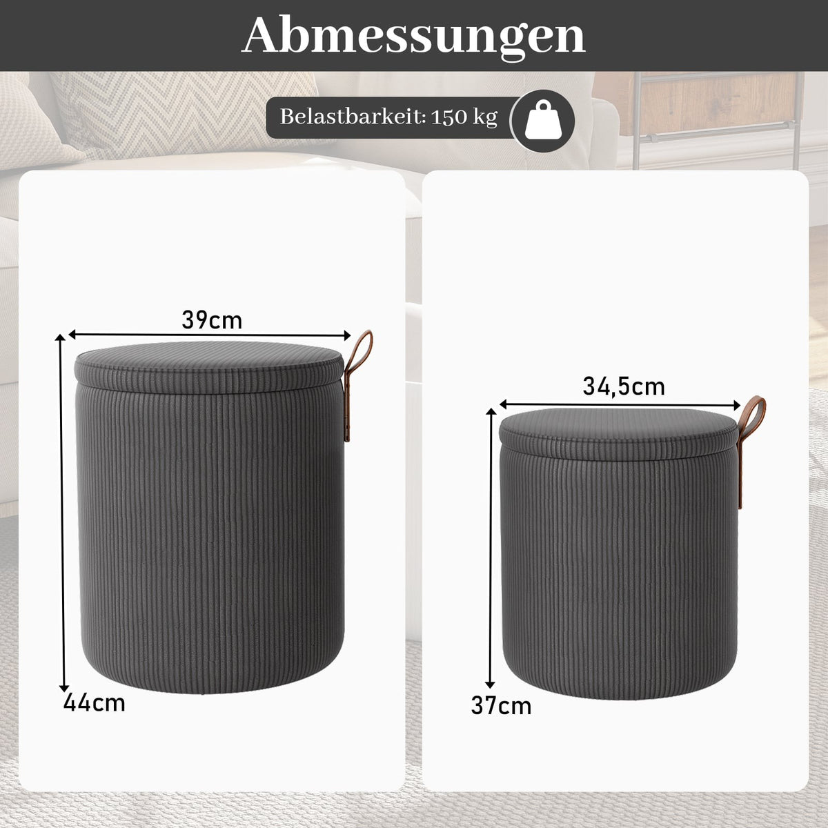 Round Ottoman Set with Storage, Nesting, Corduroy, Gray