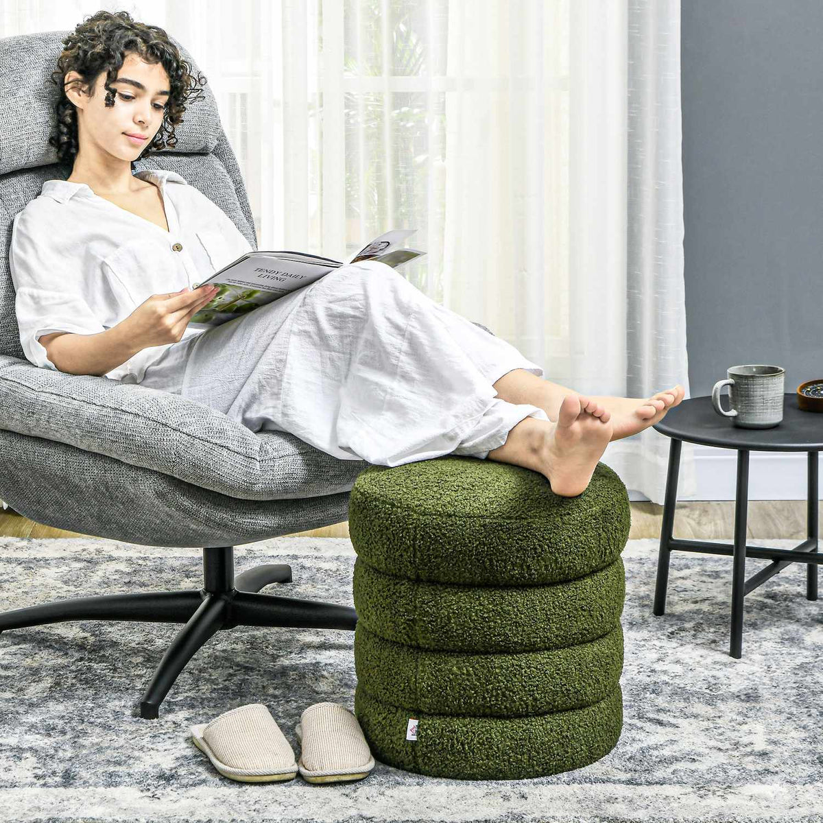 Round Ottoman, Teddy Fleece, 120kg Capacity, Green