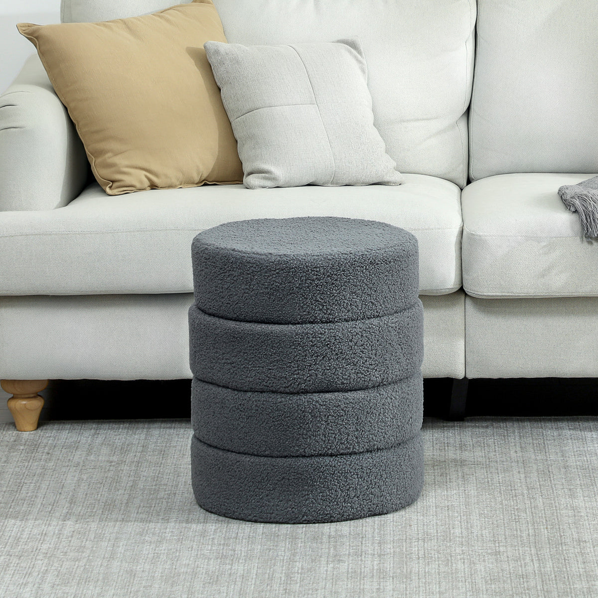 Round Ottoman, Teddy Fleece, Dark Grey, 120kg Capacity