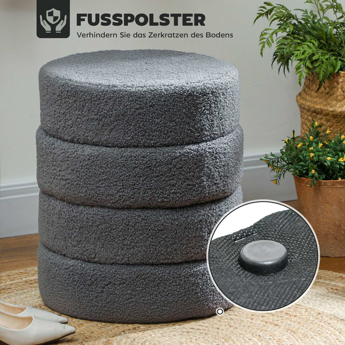 Round Ottoman, Teddy Fleece, Dark Grey, 120kg Capacity