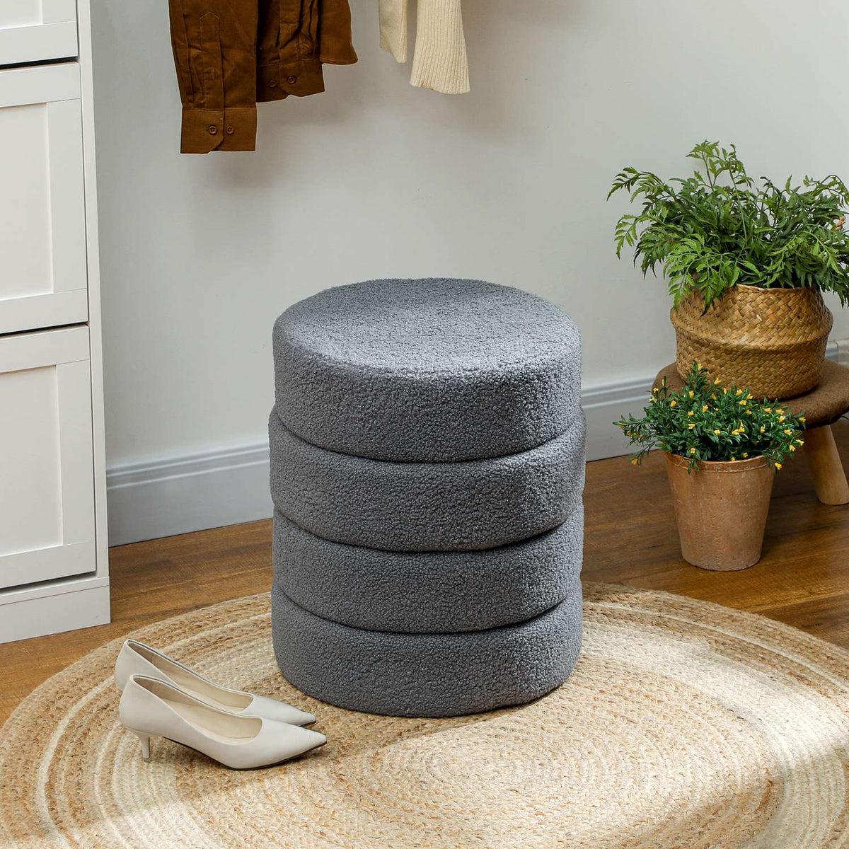 Round Ottoman, Teddy Fleece, Dark Grey, 120kg Capacity