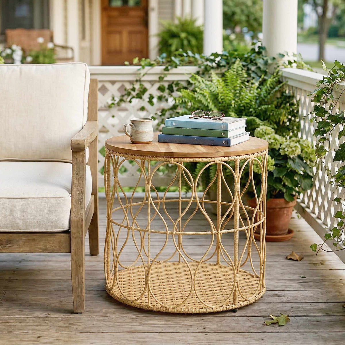Round Outdoor Side Table, Acacia Wood Top, Rattan Look