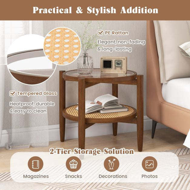 Round Rattan Side Table With Tempered Glass Top, 2-Tier
