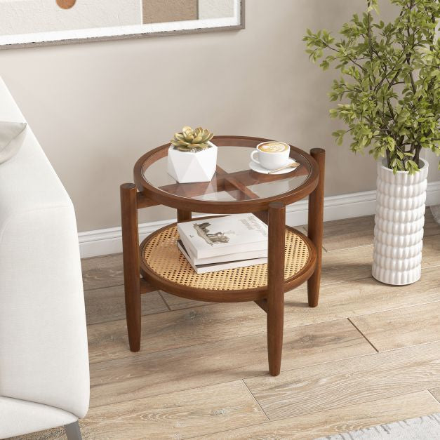 Round Rattan Side Table With Tempered Glass Top, 2-Tier