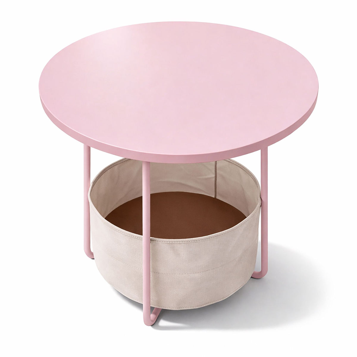 Round Side Table with Storage Basket, Metal Frame