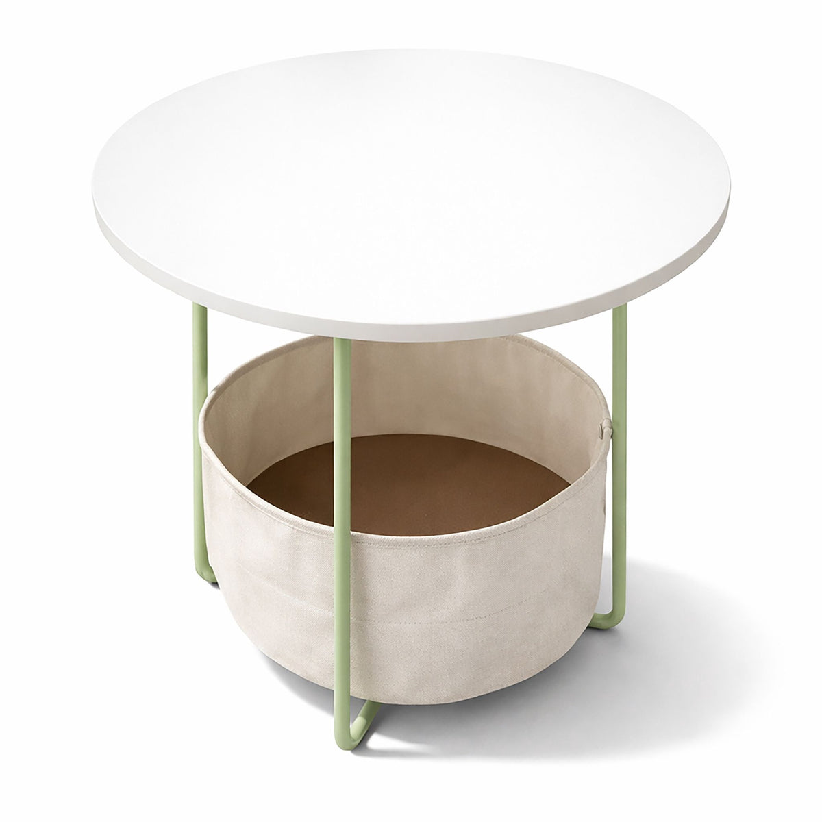 Round Side Table with Storage Basket, Metal Frame