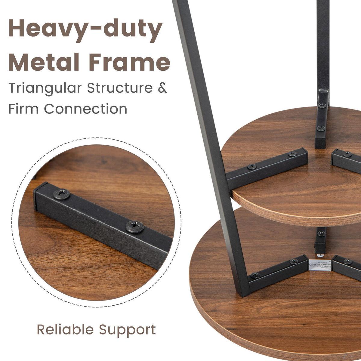 Round Walnut End Table with Metal Frame and Shelves