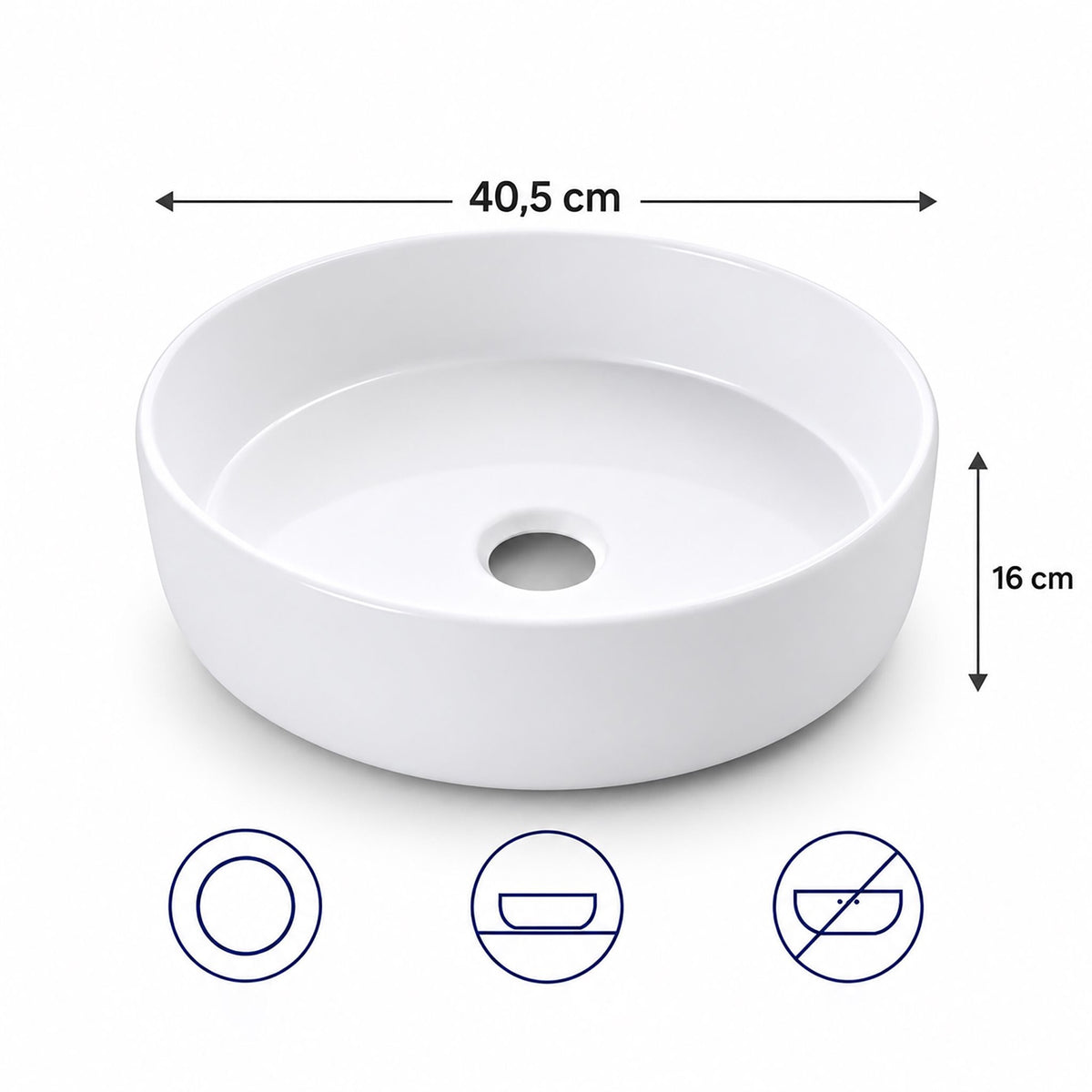 Round White Ceramic Countertop Basin, 40.5 x 40.5 cm