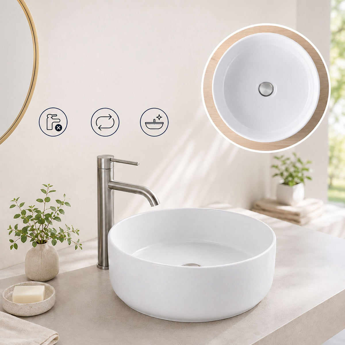 Round White Ceramic Countertop Basin, 40.5 x 40.5 cm