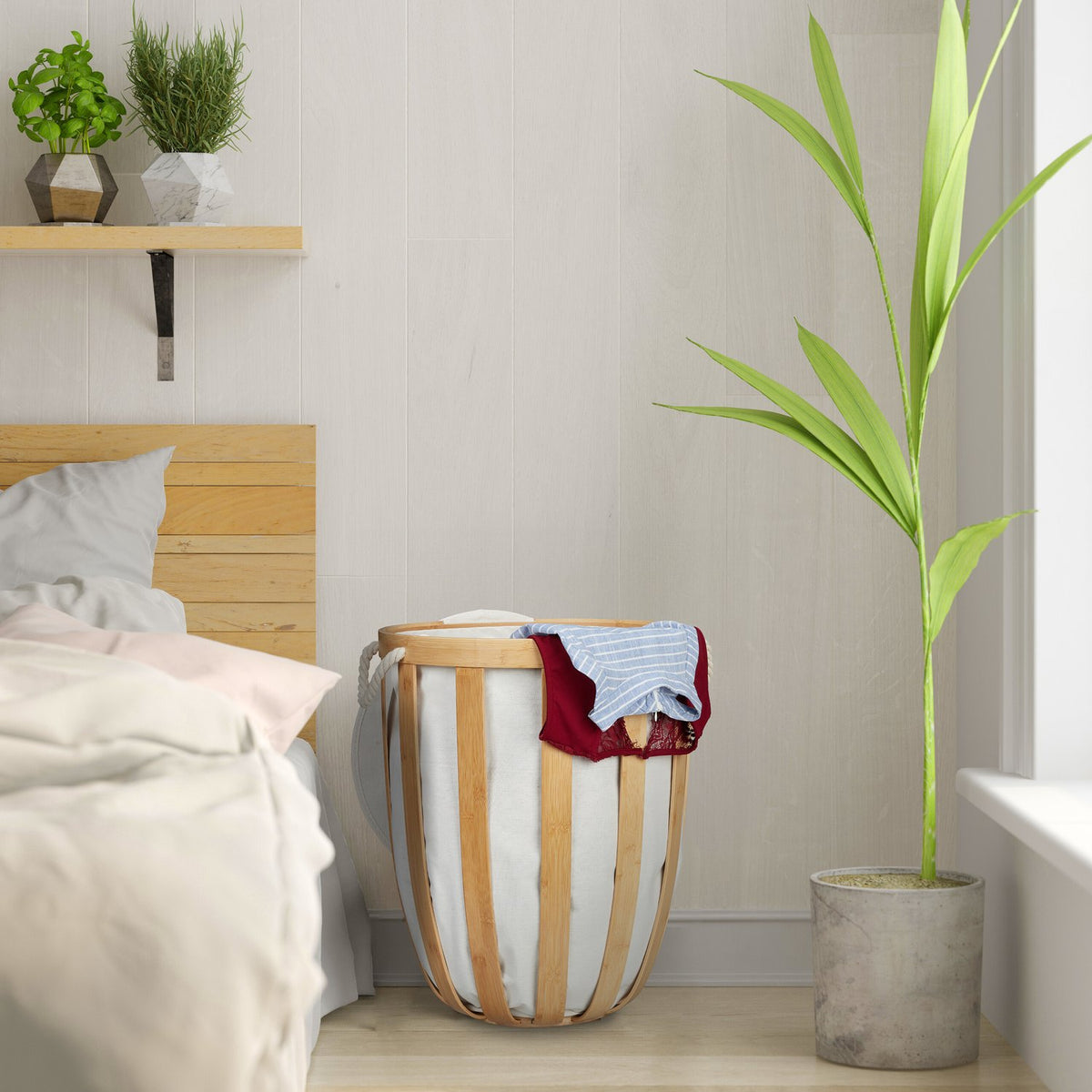 Round bamboo laundry basket