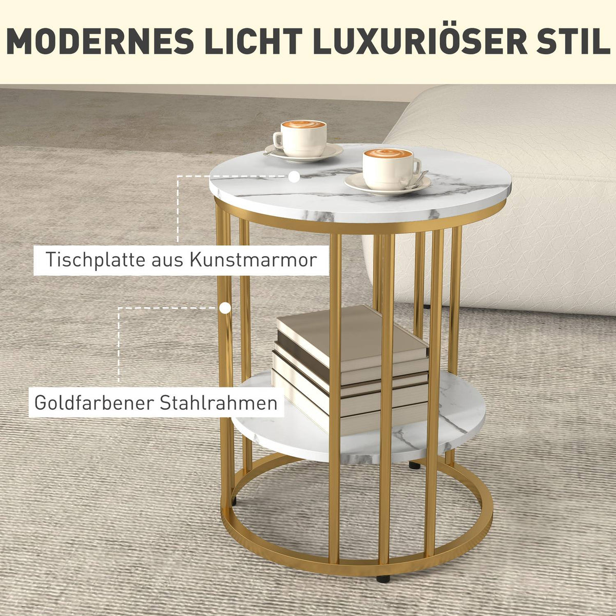 Round coffee table, set of 2, side table with shelf, steel frame, living room table in marble look, coffee table for living room, bedroom, white