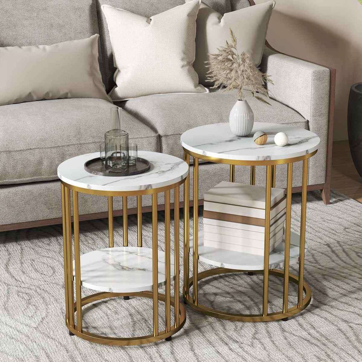 Round coffee table, set of 2, side table with shelf, steel frame, living room table in marble look, coffee table for living room, bedroom, white