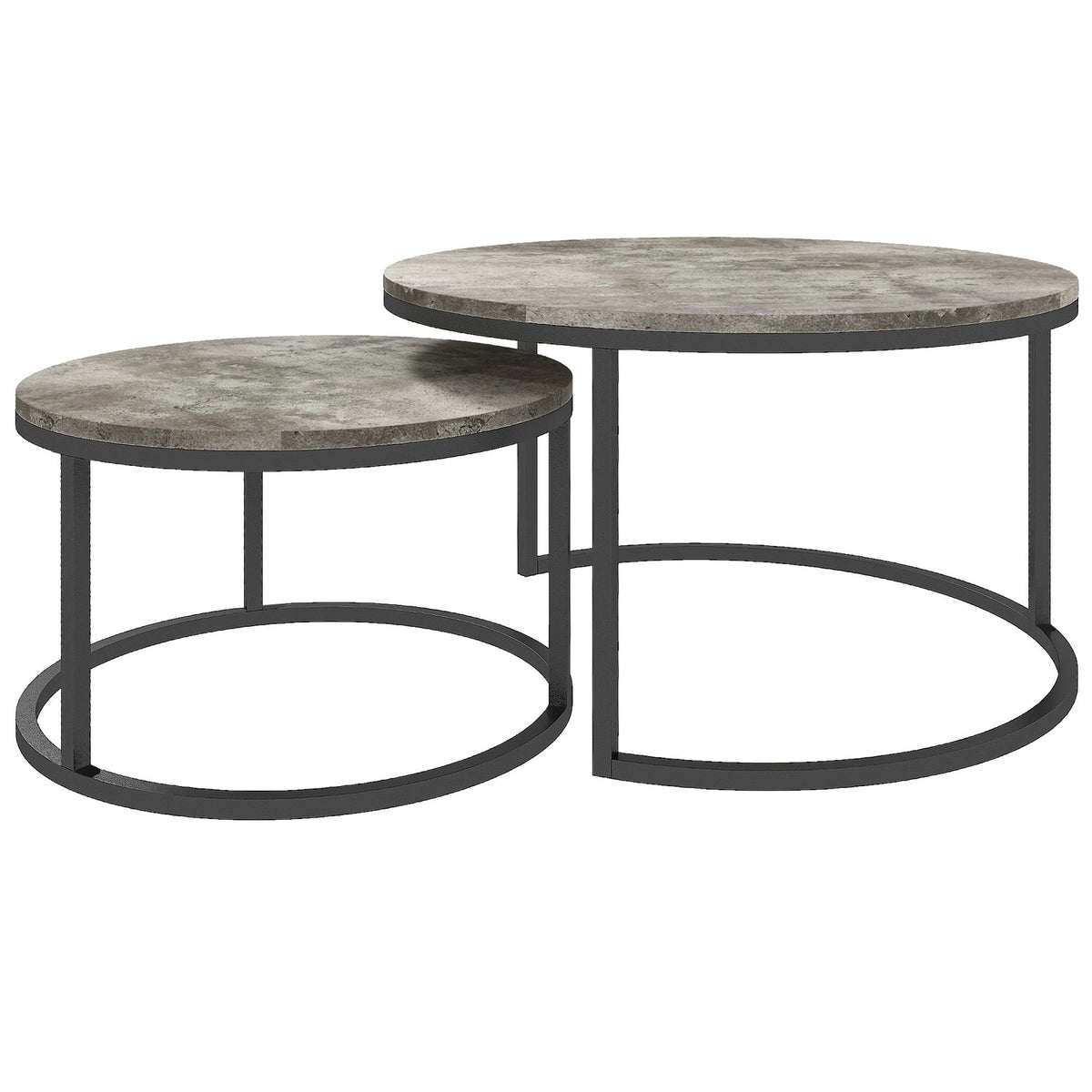 Round coffee table set of 2, stackable side table in marble look, nesting table with metal frame, sofa table for living room, bedroom, balcony, gray