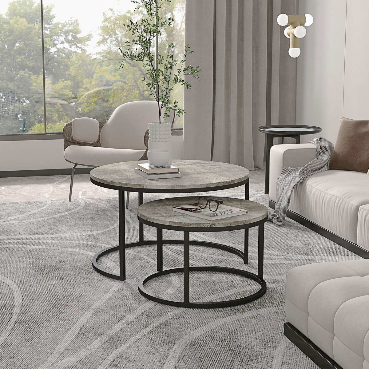 Round coffee table set of 2, stackable side table in marble look, nesting table with metal frame, sofa table for living room, bedroom, balcony, gray