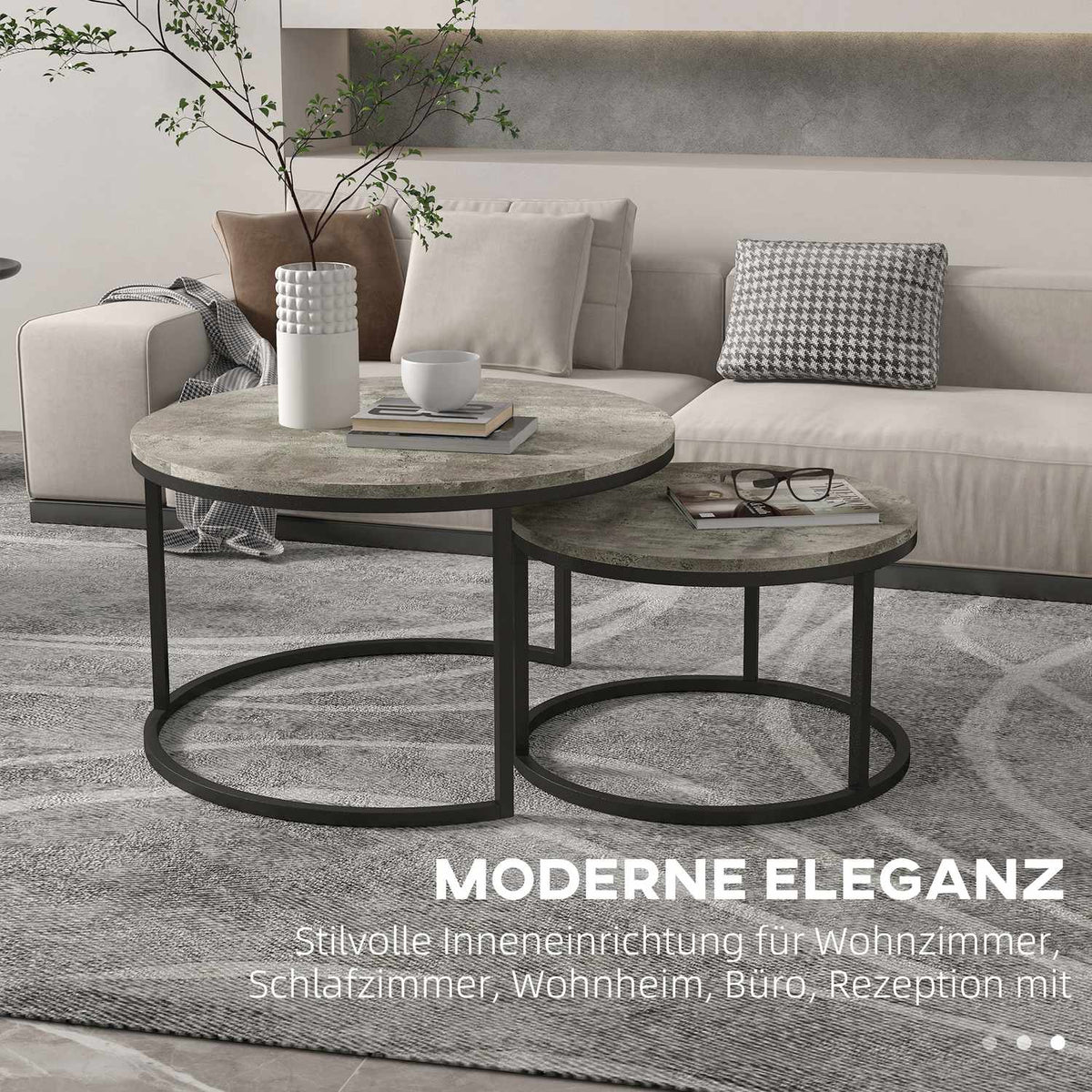 Round coffee table set of 2, stackable side table in marble look, nesting table with metal frame, sofa table for living room, bedroom, balcony, gray