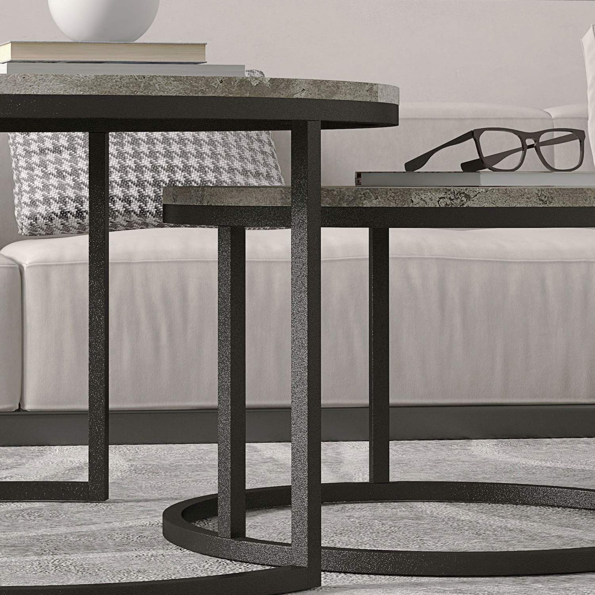 Round coffee table set of 2, stackable side table in marble look, nesting table with metal frame, sofa table for living room, bedroom, balcony, gray