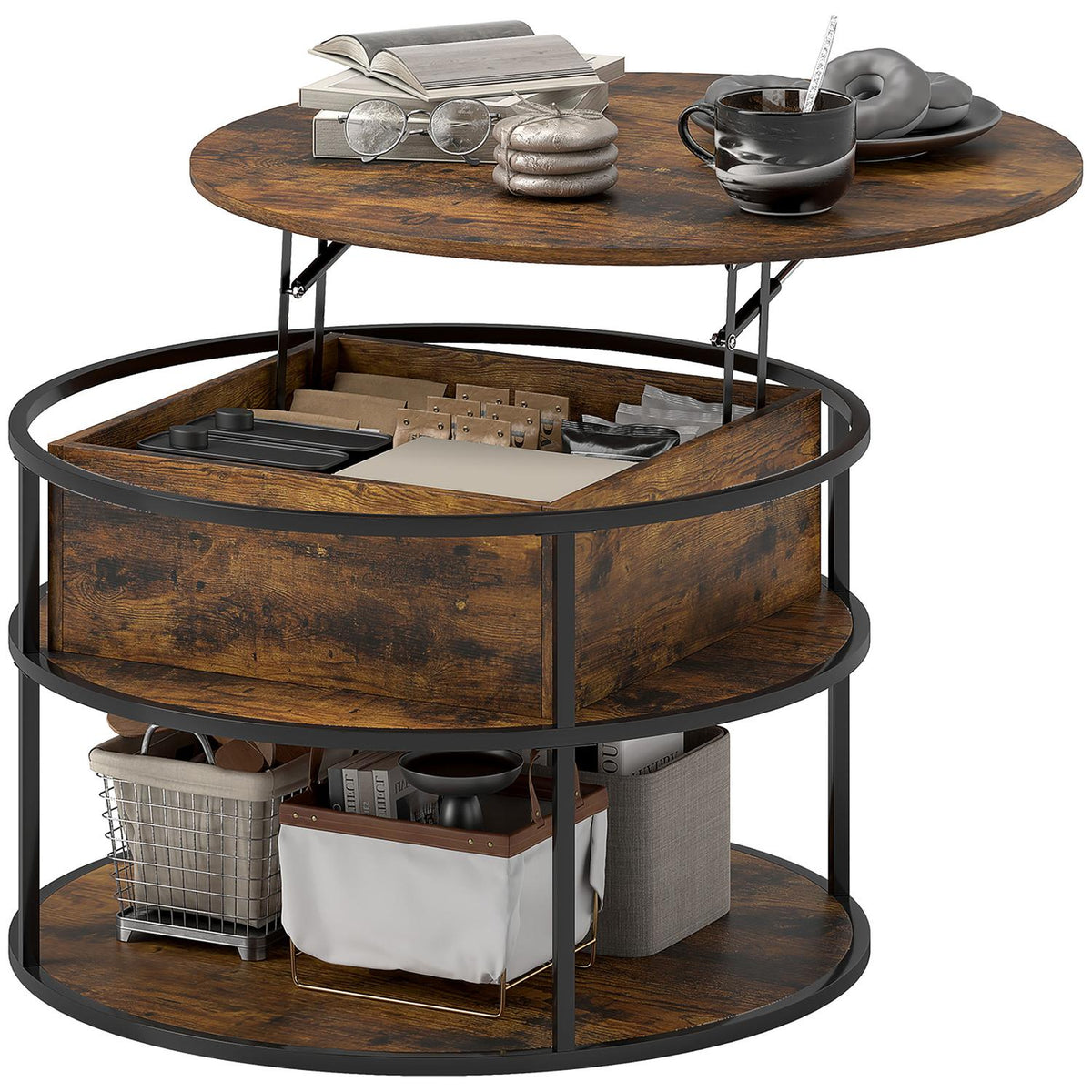 Round coffee table with liftable tabletop, storage space, side shelves, steel frame, coffee table, brown